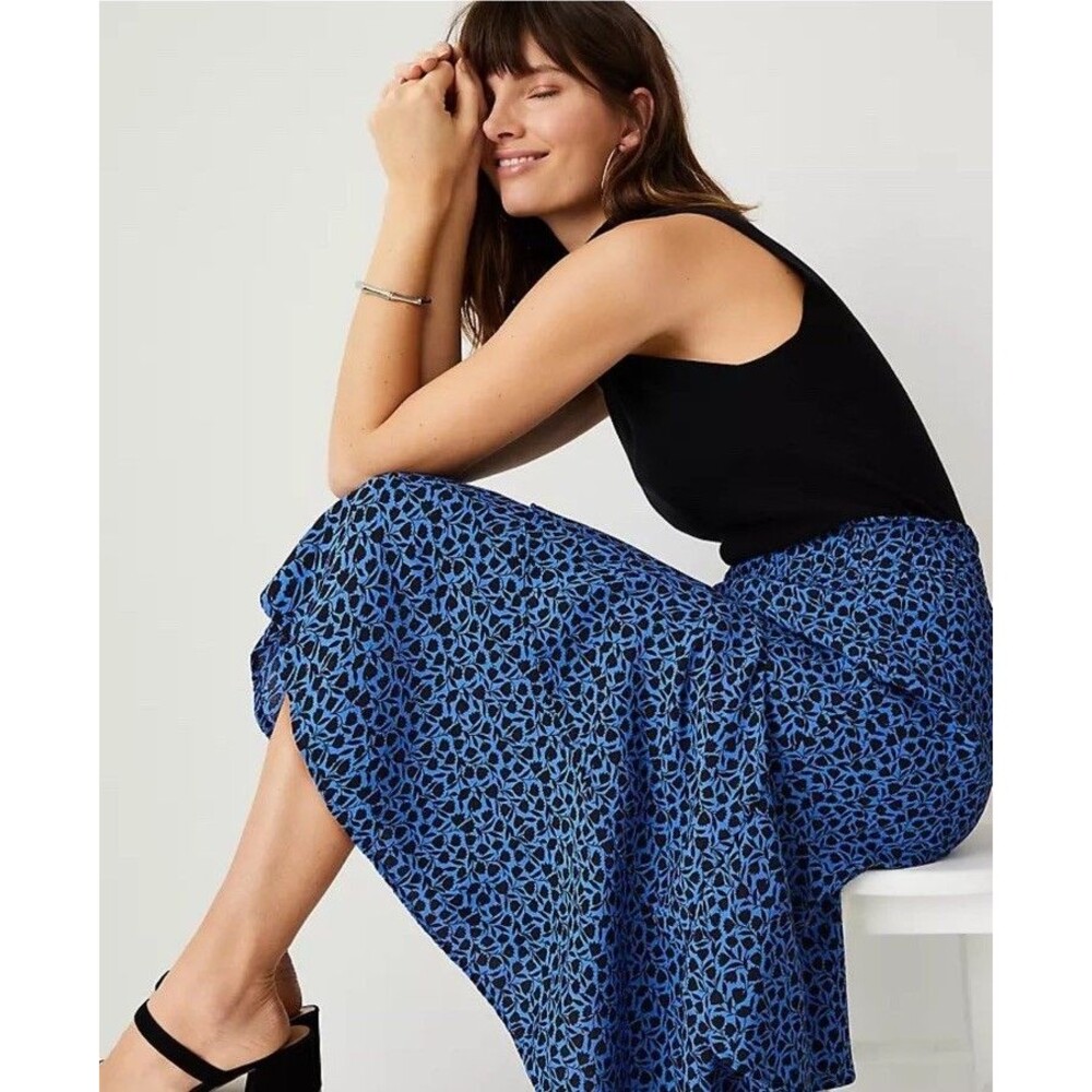 Ann Taylor Midi Skirt M Blue Black Tiered Flounce Work Career Date Casual $98